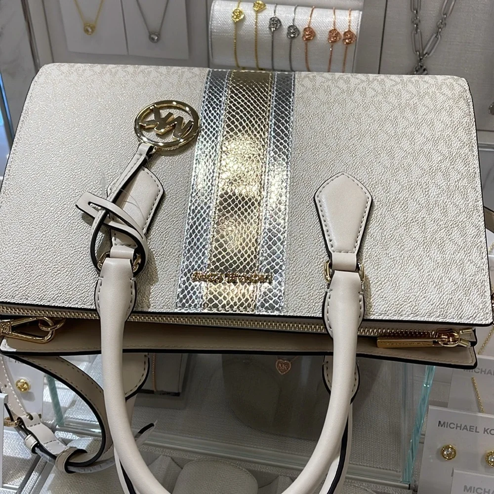 Michael Kors Sheila Medium Signature Logo and Metallic Satchel Crossbody CZ NWT